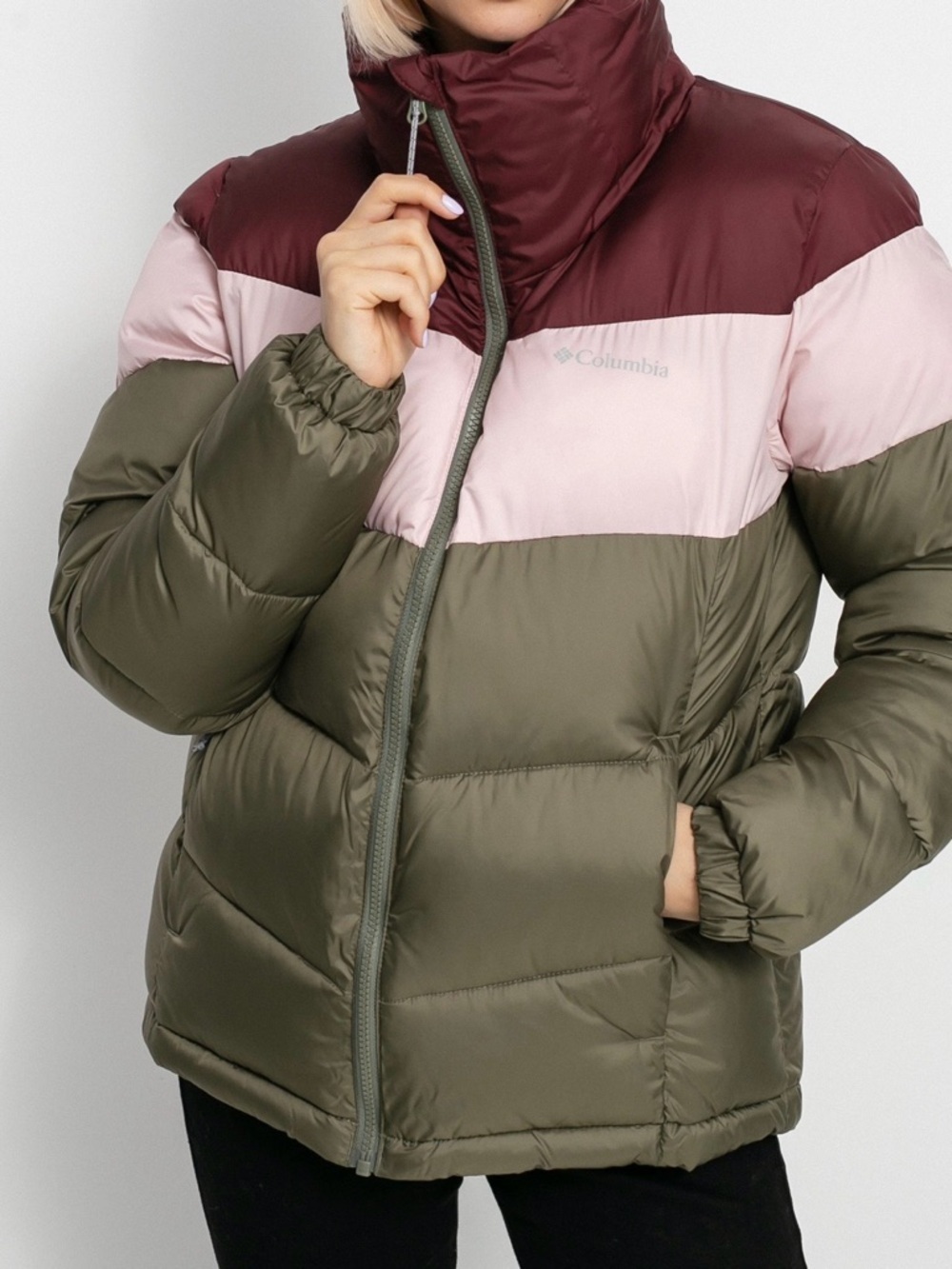 Columbia Womens Puffect Color Blocked zip up Jacket Green/Pink/Malbec X-Large